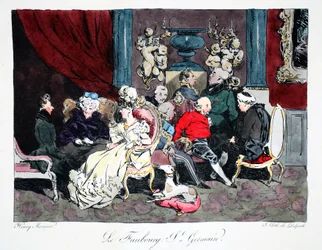 Le Faubourg St. Germain, illustration ur "Six Quartiers de Paris" av Henri Monnier, litograferad av F.S. Delpech, pub. Paris, ca 1828 (handkolorerad litografi)